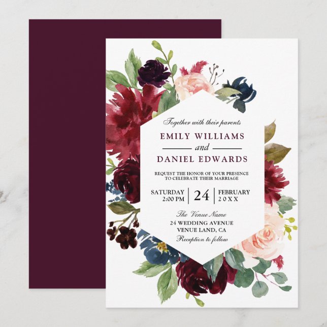 Red Wine Burgundy Floral Frame Wedding Invite (Front/Back)
