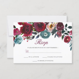 Red Wine Burgundy Floral Wedding RSVP Card