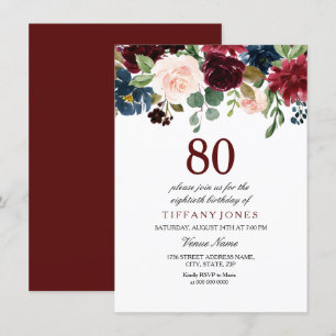Red Wine Burgundy Flowers 80th Birthday Invite