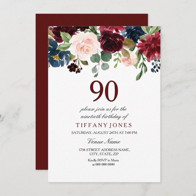 Red Wine Burgundy Flowers 90th Birthday Invite (Front/Back)