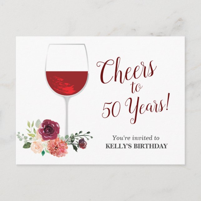red wine, cheers birthday Invitation Postcard (Front)