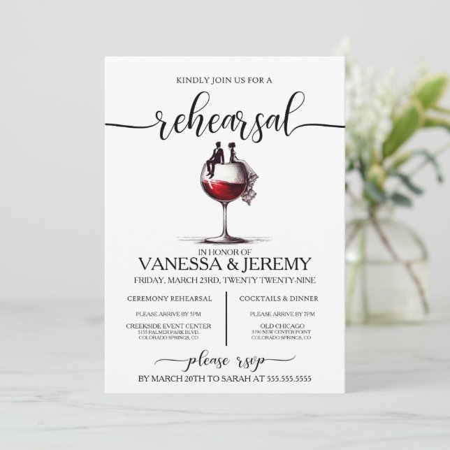 Red Wine Couple Rehearsal Dinner Invitation (Standing Front)