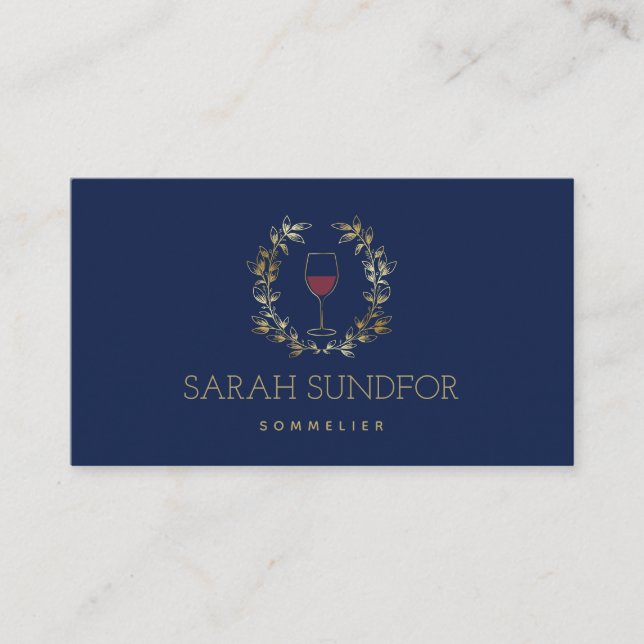 Red Wine Faux Gold Laurel Wreath Sommelier Business Card (Front)