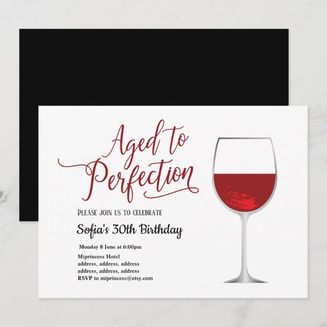 red wine, floral, aged to perfection, birthday invitation (Front/Back)