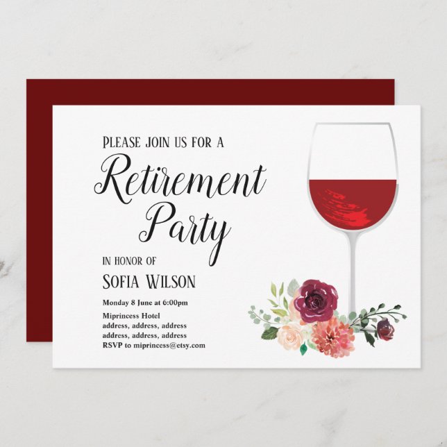 red wine, floral, retirement party invitation (Front/Back)