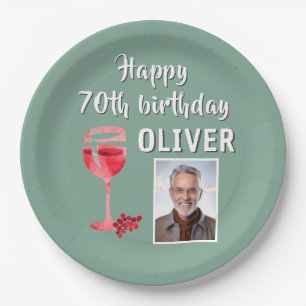 Red Wine Glass 70th Birthday Party Photo Paper Plate