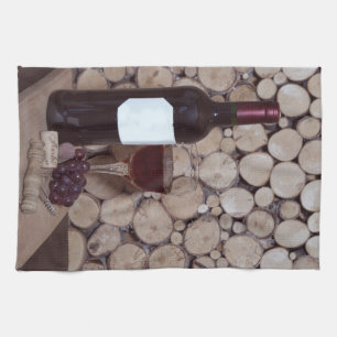 red wine glass and bottle tea towel