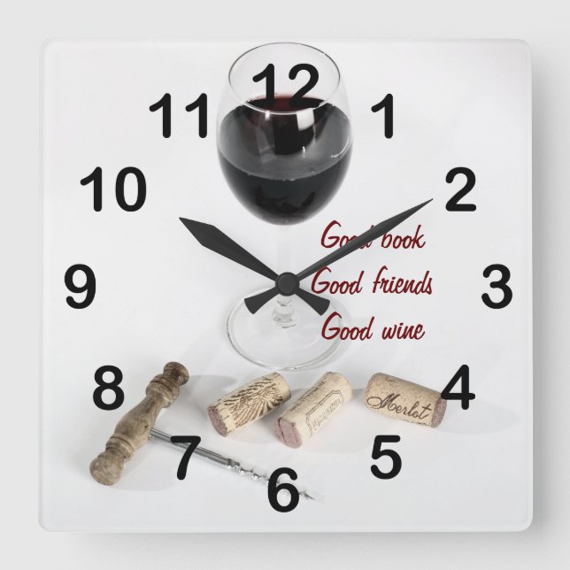 Red wine glass and corks square wall clock (Front)
