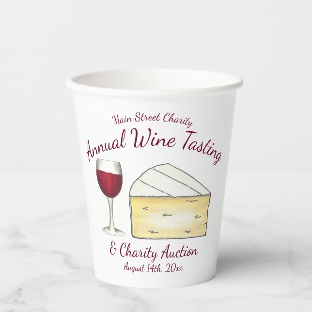 Red Wine Glass Brie Cheese Tasting Charity Event Paper Cups (Front)
