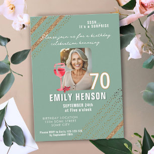 Red Wine Glass Glitter 70th Birthday Party Photo Invitation