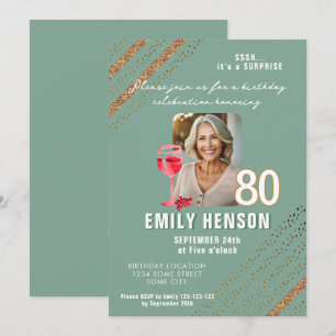 Red Wine Glass Glitter Birthday Party Photo Invitation