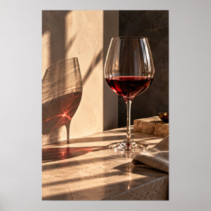 Red Wine Glass in Golden Sunlight – Modern Elegant Poster