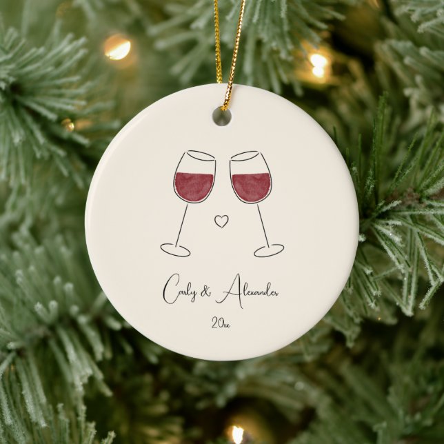 Red Wine Glass Married Engaged Anniversary Couple Ceramic Ornament (Tree)