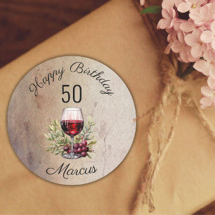 Red Wine Glass Olive Watercolor 50th Birthday  Classic Round Sticker