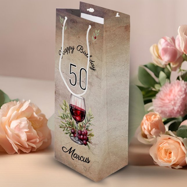 Red Wine Glass Olive Watercolor 50th Birthday  Gift Bag (Creator Uploaded)