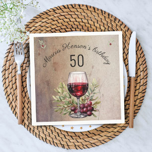 Red Wine Glass Olive Watercolor 50th Birthday Napkin