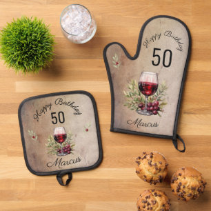 Red Wine Glass Olive Watercolor 50th Birthday Oven Mitt & Pot Holder Set
