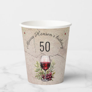 Red Wine Glass Olive Watercolor 50th Birthday Paper Cups