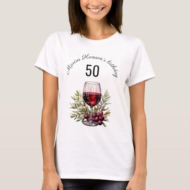 Red Wine Glass Olive Watercolor 50th Birthday  T-Shirt (Front)