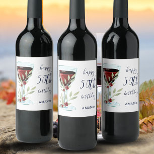 Red Wine Glass Rose Watercolor 50th Birthday Label