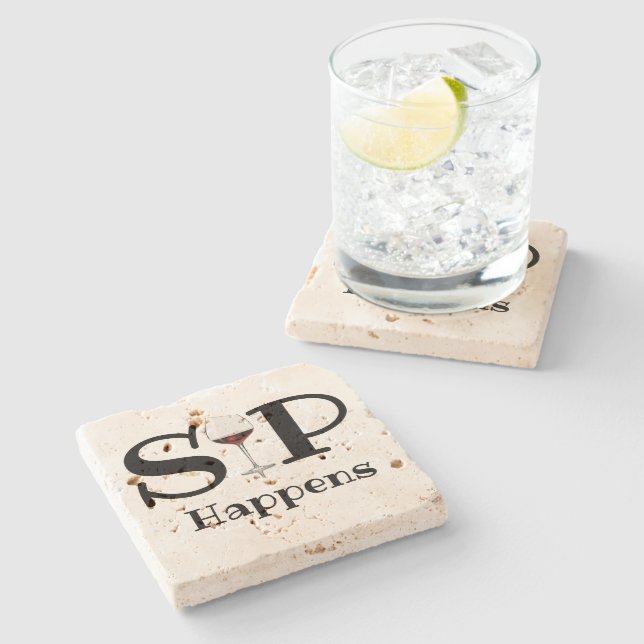 Red Wine Glass, "Sip Happens" funny Stone Coaster (Side)