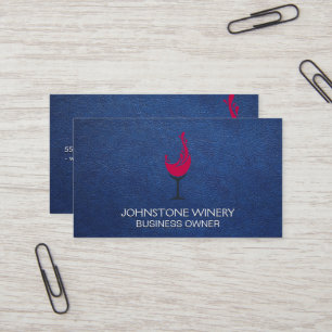 Red Wine Glass Splash   Blue Leather Business Card