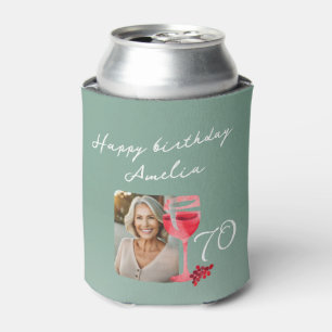 Red Wine Glass Watercolor 70th Birthday Photo Can Cooler
