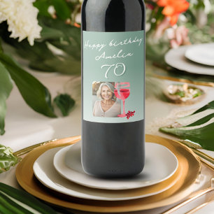 Red Wine Glass Watercolor Birthday Party Photo Label