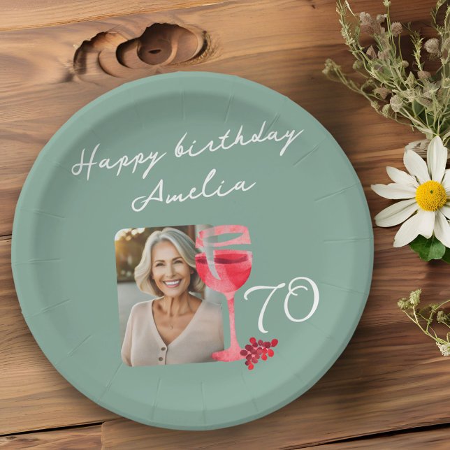 Red Wine Glass Watercolor Birthday Party Photo Paper Plate (Creator Uploaded)
