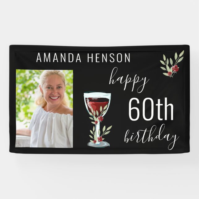 Red Wine Glass Watercolor Photo 60th Birthday  Banner (Horizontal)