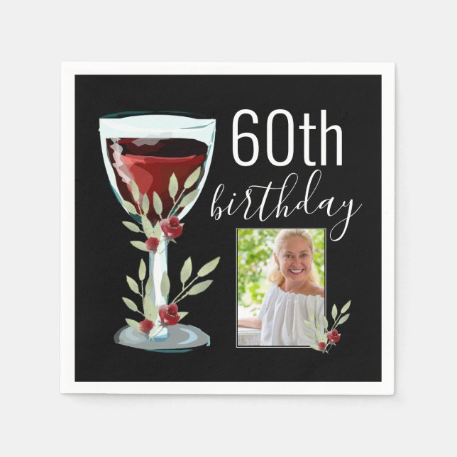 Red Wine Glass Watercolor Photo 60th Birthday  Napkin (Front)