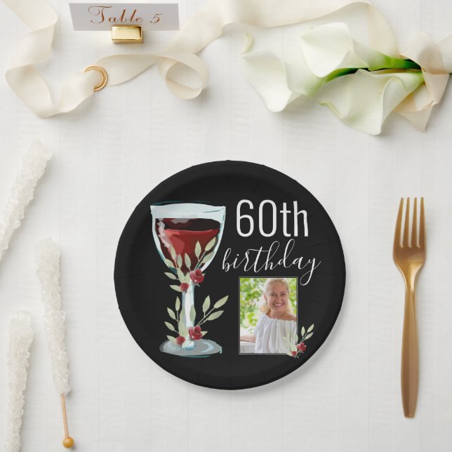 Red Wine Glass Watercolor Photo 60th Birthday  Paper Plate (Wedding)