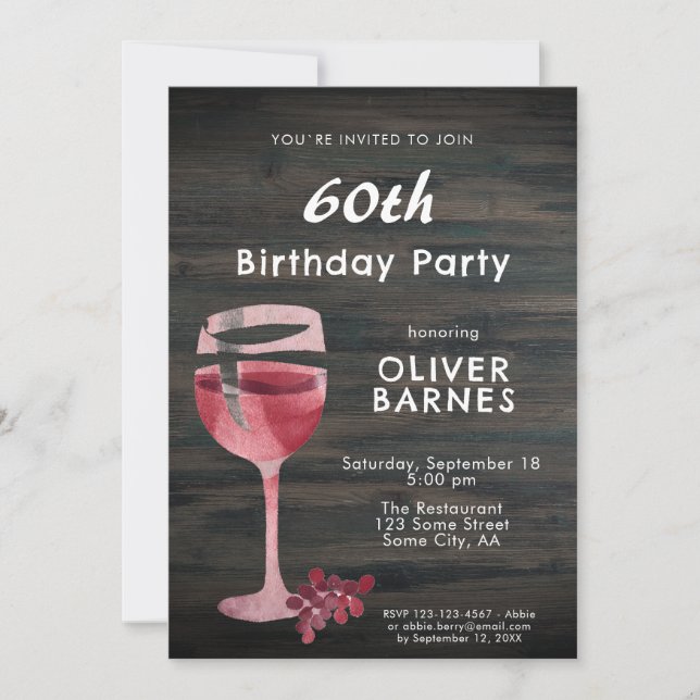 Red Wine Glass Watercolor Wood 60th Birthday Party Invitation (Front)