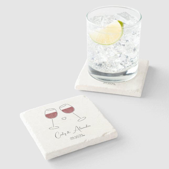 Red Wine Glass Wedding Engagement Favour Stone Coaster (Side)