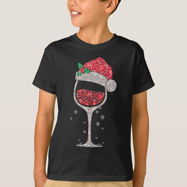 Red Wine Glass With Santa Hat Christmas Cute Wine  T-Shirt (Front)