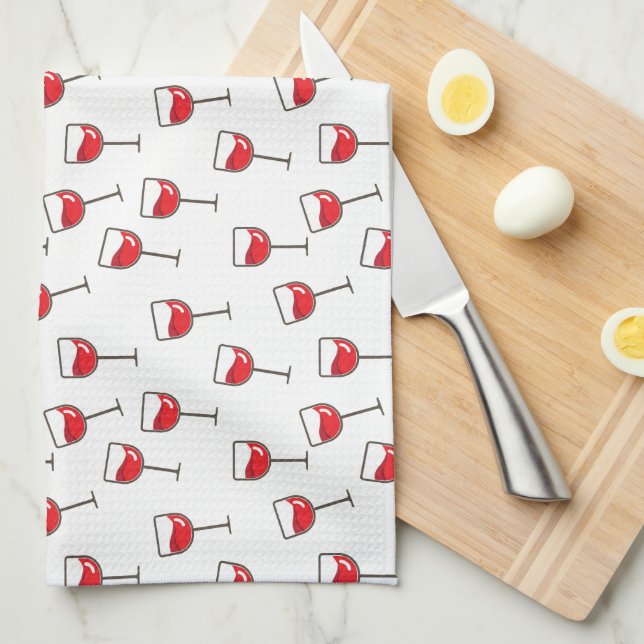 Red Wine Glasses Pattern on White Tea Towel (Quarter Fold)