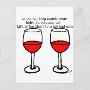 RED WINE GLASSES WITH FRENCH ENGLISH QUOTE POSTCARD