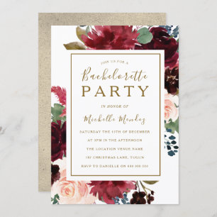Red Wine Gold Floral Watercolor Bachelorette Party Invitation
