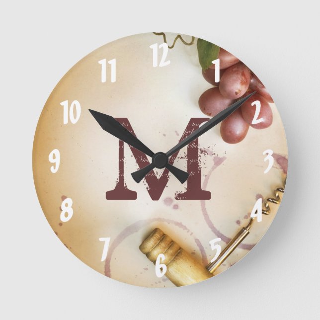 Red Wine Grapes Cork Monogram Initial Wall Clock (Front)