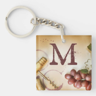 Red Wine Grapes Cork Screw Bottle Glass Key Chain