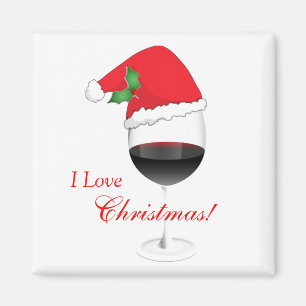 Red Wine Holly Santa Hat I Love Christmas Gifts Magnet