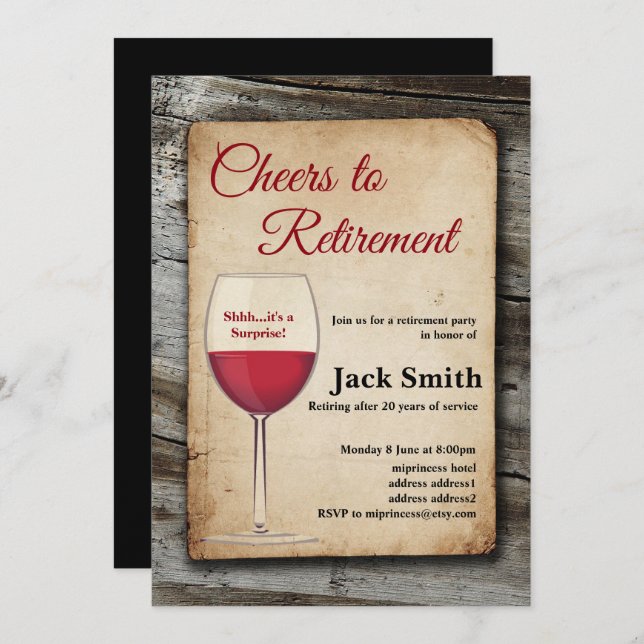Red wine, retirement party, retiring invitation (Front/Back)