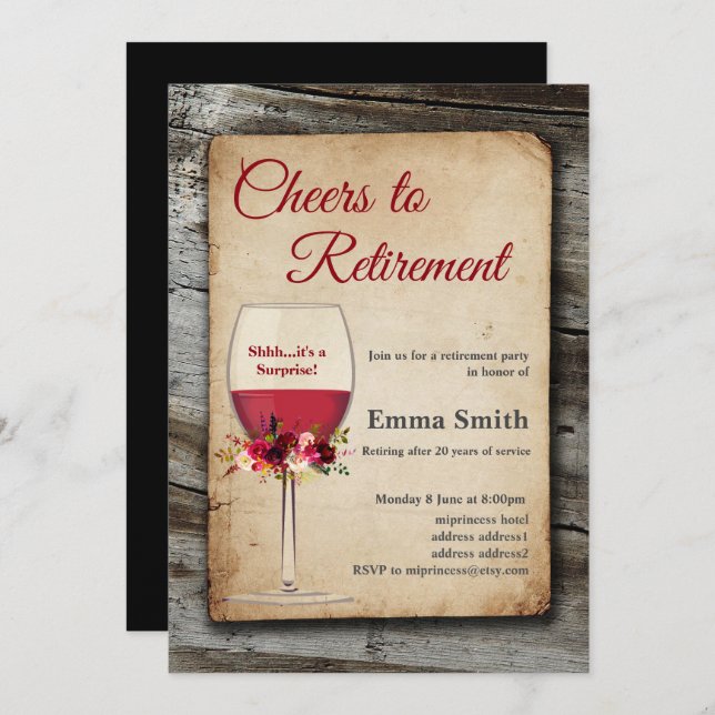 Red wine, retirement party, retiring invitation (Front/Back)