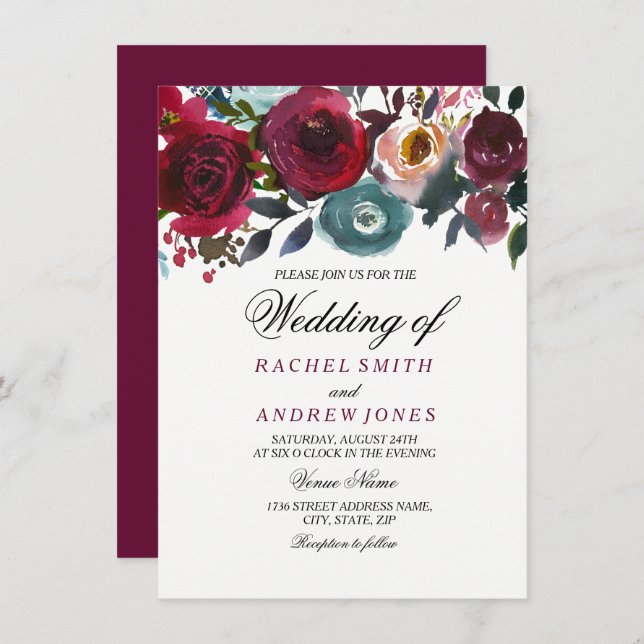 Red Wine Romantic Burgundy Wedding Invitation (Front/Back)