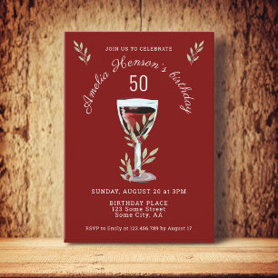 Red Wine Rose Watercolor 50th Birthday  Invitation