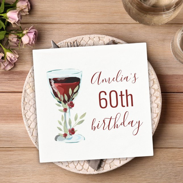 Red Wine Rose Watercolor 60th Birthday  Napkin (Creator Uploaded)