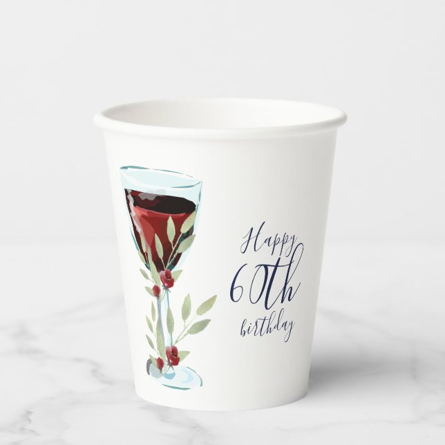 Red Wine Rose Watercolor 60th Birthday Party Paper Cups (Front)