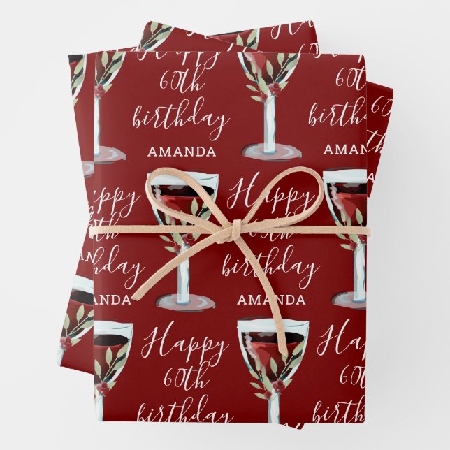 Red Wine Rose Watercolor 60th Birthday Wrapping Paper Sheet (In situ)