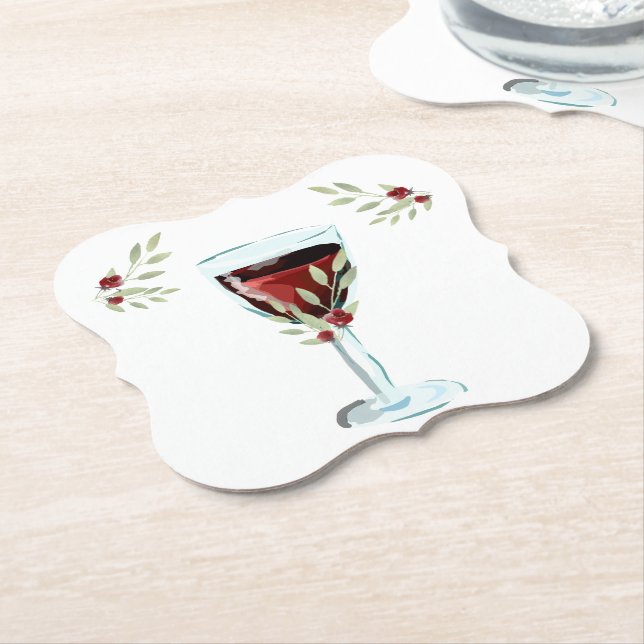 Red Wine Rose Watercolor Birthday Party Paper Coaster (Angled)
