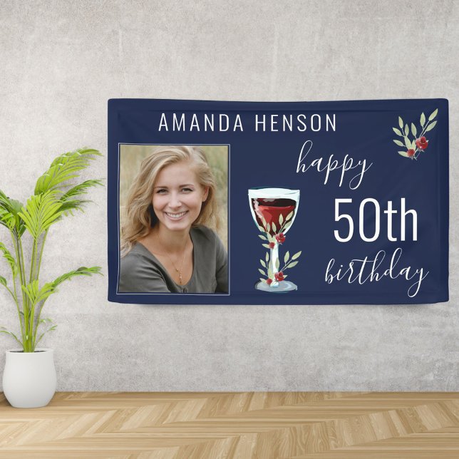 Red Wine Rose Watercolor Blue Photo 50th Birthday Banner (Creator Uploaded)